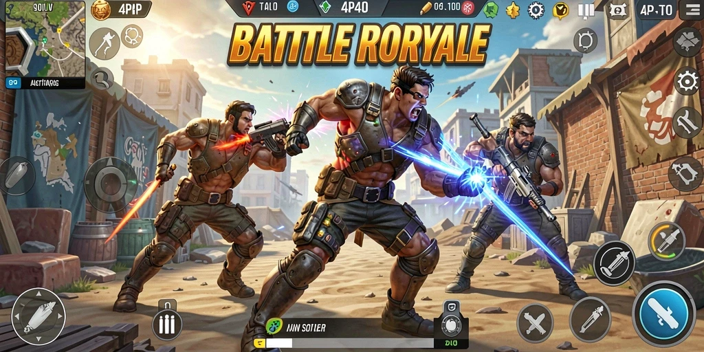 Tangkapan layar utama 4P4P menunjukkan aksi seru pertempuran Battle Royale.