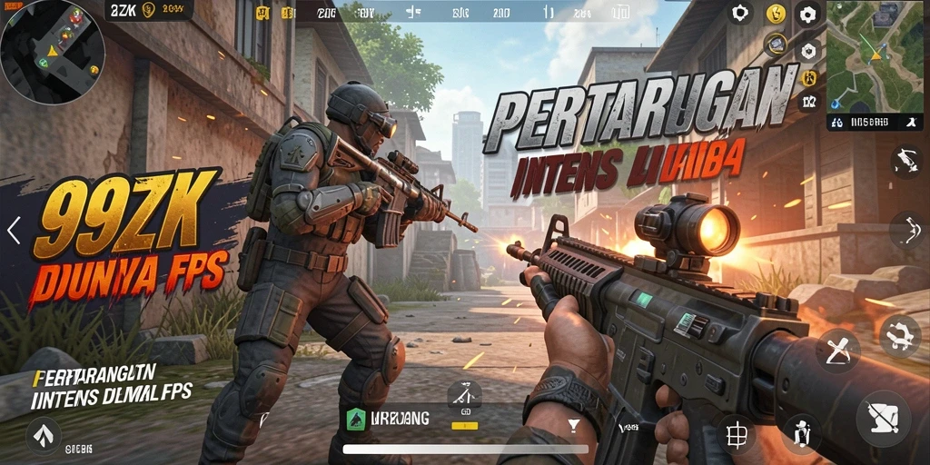 Menampilkan pertempuran intens dalam game FPS 99ZK.