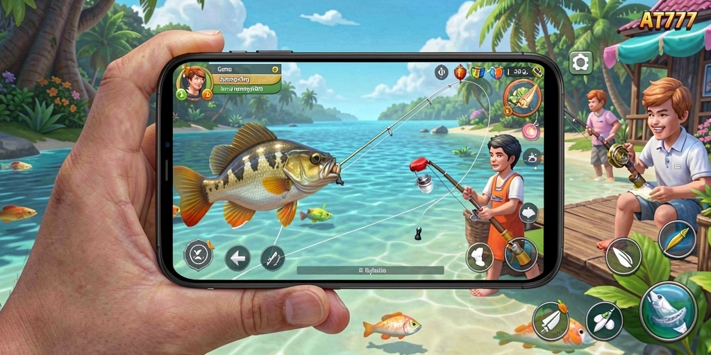 Screenshot gameplay AT777 menampilkan aktivitas memancing yang seru.