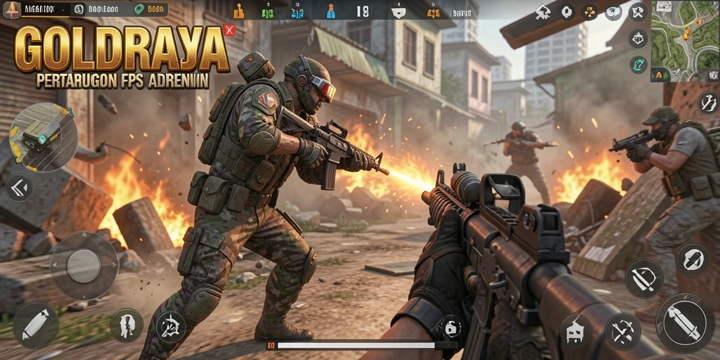 Screenshot gameplay GOLDRAJA menampilkan aksi seru dalam pertempuran FPS.