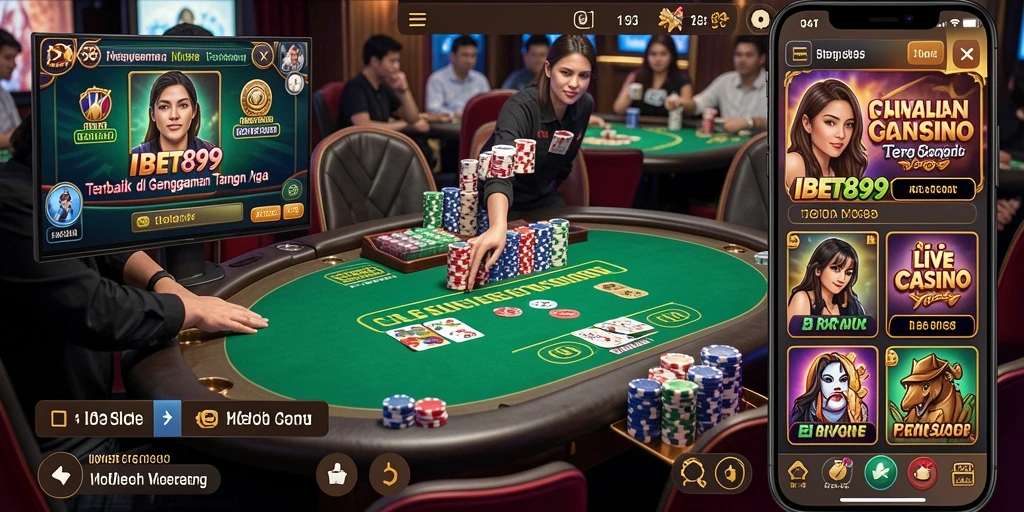 Tangkapan layar IBET899 menampilkan dealer langsung yang memandu permainan kasino.