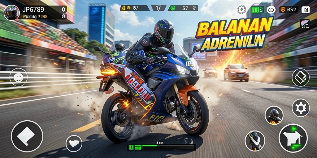 Tampilan gameplay mendebarkan dari JP6789 yang menampilkan balapan motor.