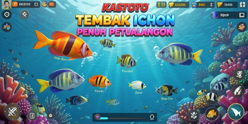 Screenshot KASTOTO menampilkan aksi menembak ikan yang seru.