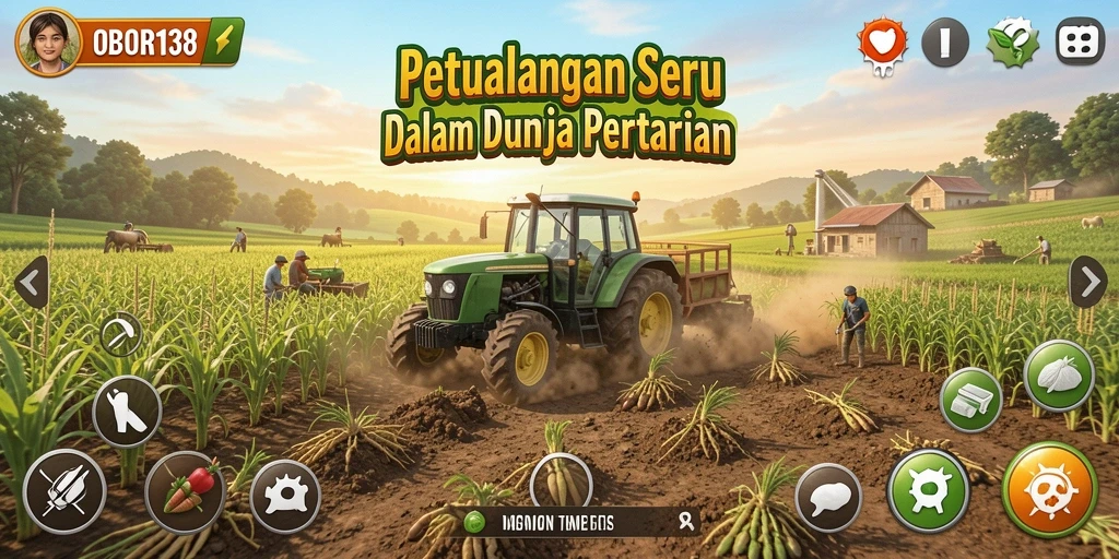 Tampilan gameplay OBOR138 yang menunjukkan aktivitas bertani.