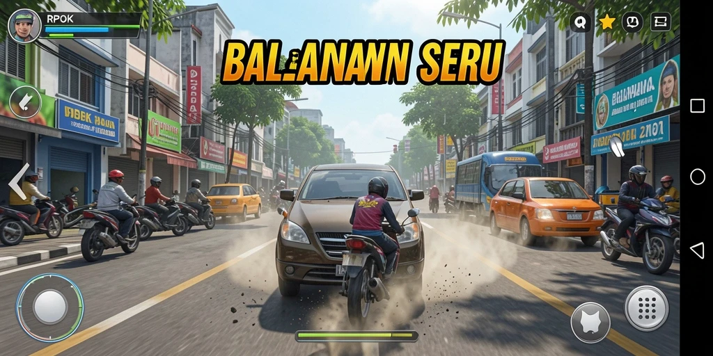 Tangkapan layar utama RPOK menampilkan aksi balapan yang mendebarkan di jalanan.