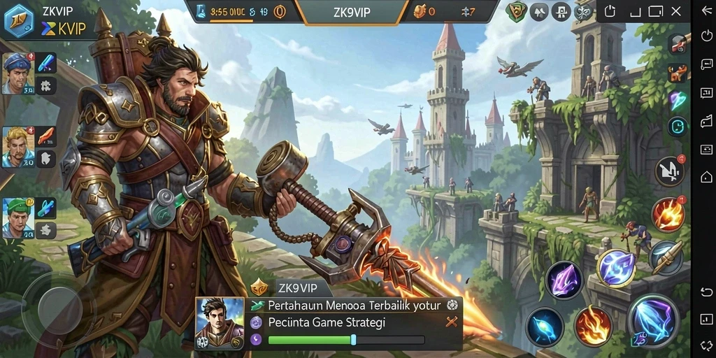 Screenshot gameplay ZK9VIP menampilkan pertahanan menara yang epik dalam aksi.